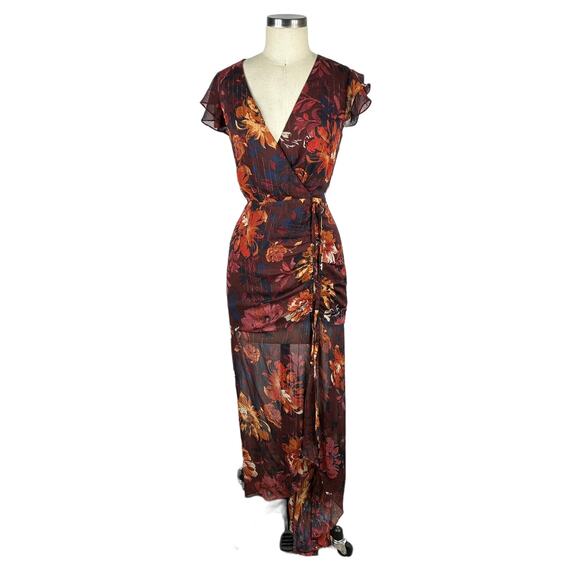 ALI & JAY Cranberry Metallic Floral Made For Walking Maxi Dress Small Hi-Low Hem - Picture 1 of 8